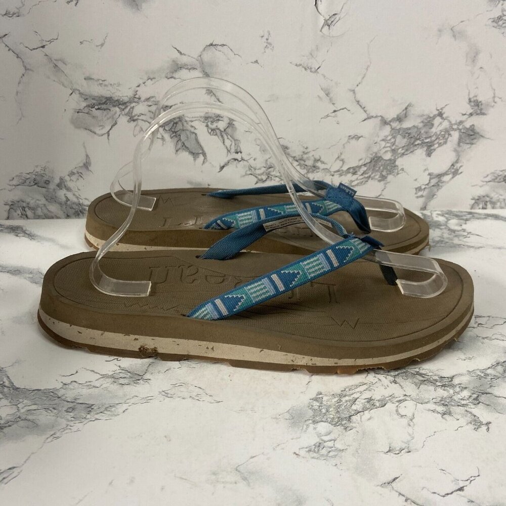 LL Bean Women 10 Flip Flop Sandals Blue Printed Open Toe Outdoor Thick Sole Shoe